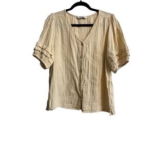 Sonoma V-Neck Button Front Short Sleeve Top Beige Ruffle Gauzy 100% Cotton